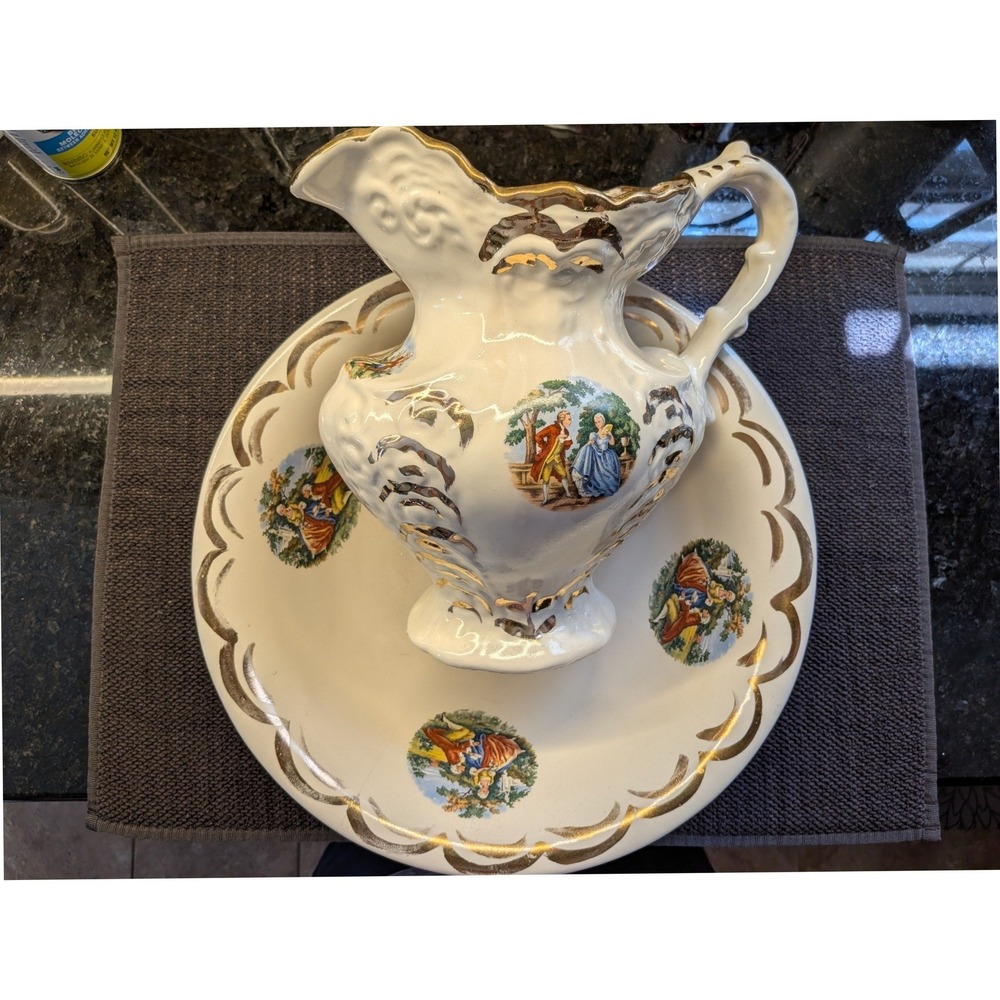 Vintage Ceramic Pitcher Basin Set Victorian Courting Scene 22K Gold Trim